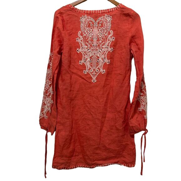 Monoreno Embroidered  100 % Linen Peasant Blouse Long Sleeve Salmon Red Small - Picture 8 of 15